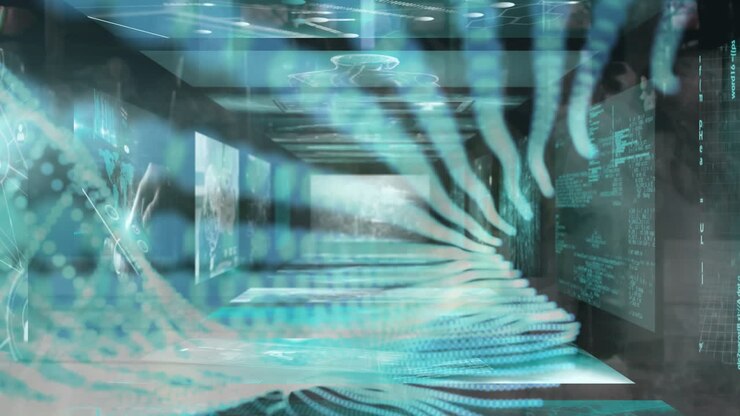 Animation of data processing on screens over pedestrians walking in fast motion