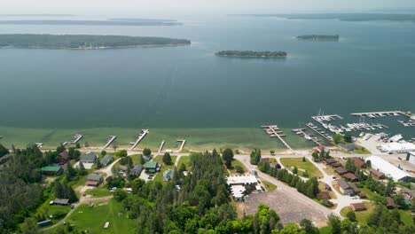 aerial back view of hessel michigan, les cheneaux islands, lake huron