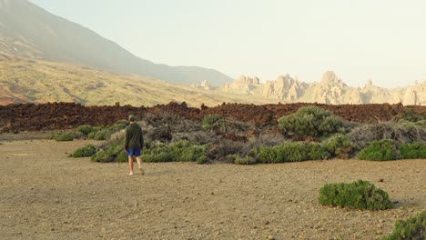 un turista masculino camina por un paisaje volcánico con escasa vegetación