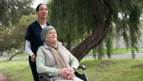 nurse, wheelchair and elderly woman at park