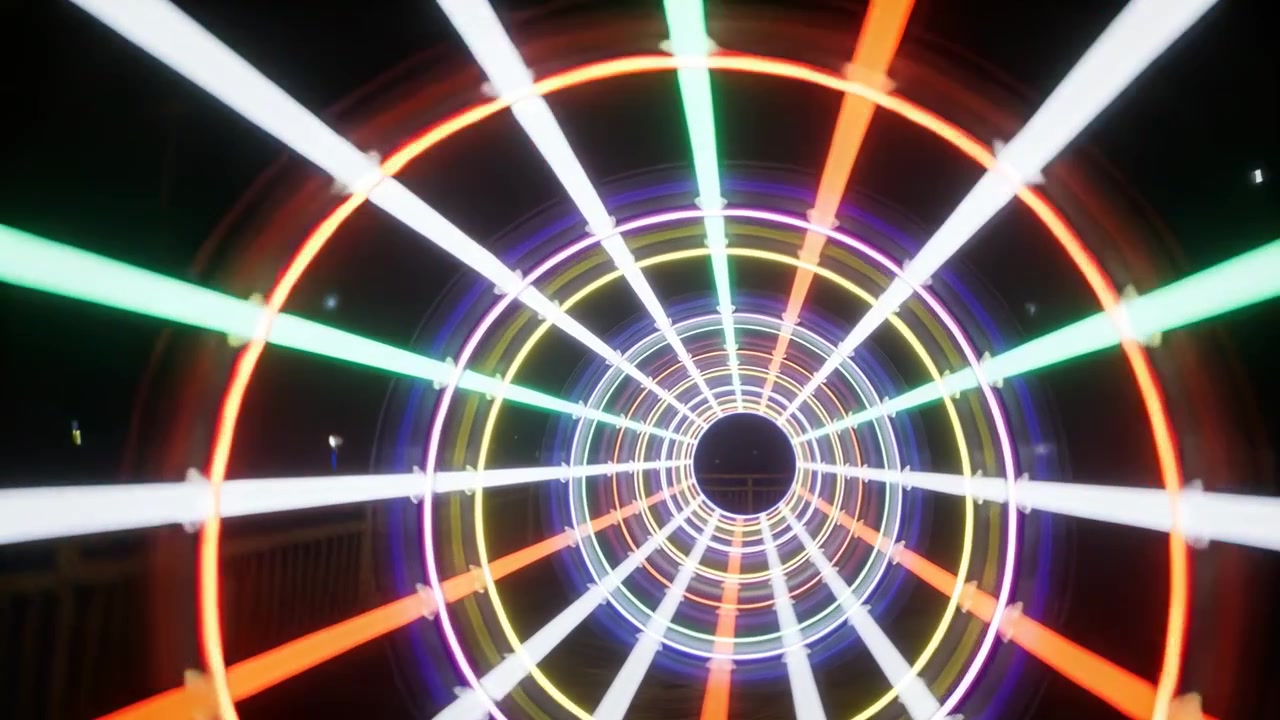 Anelli e raggi di un tunnel di luce rotante che si spostano, con un timer che avvia il vuoto centrale e un binario in una stanza buia.