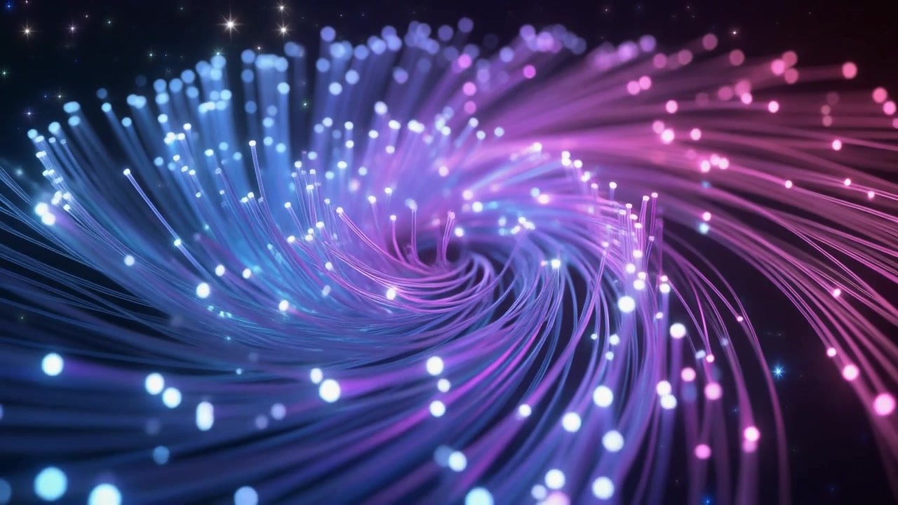 Abstract Swirling Fiber Optic Cables with Glowing Blue and Pink Lights