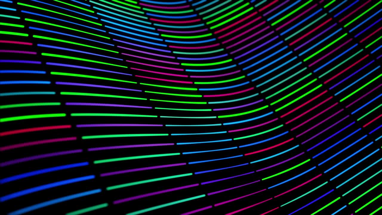 animación abstracta de ondas en movimiento a partir de rayas cortas de neón en fondo negro. animación. animación de bucle sin costuras. rayas gruesas brillantes volando