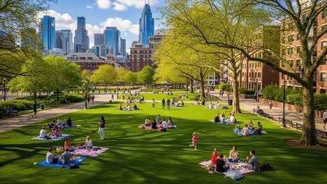 a vibrant gathering in the urban park: community and nature harmony with families enjoying picnics under sunny skies amidst skyscrapers