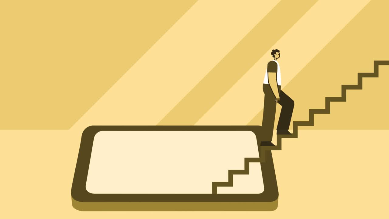 노란색 스타일의 남자 플래트 캐릭터가 스마트폰에서 계단을 오르고 있습니다. 알파 채널과 함께 고립된 루프 애니메이션