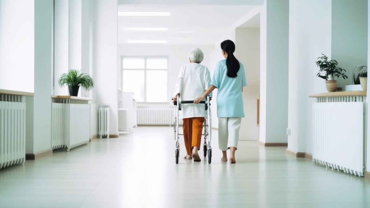 Et vidvinkelbilde fanger en omsorgsperson som hjelper en eldre person med en rullator i et lyst rom