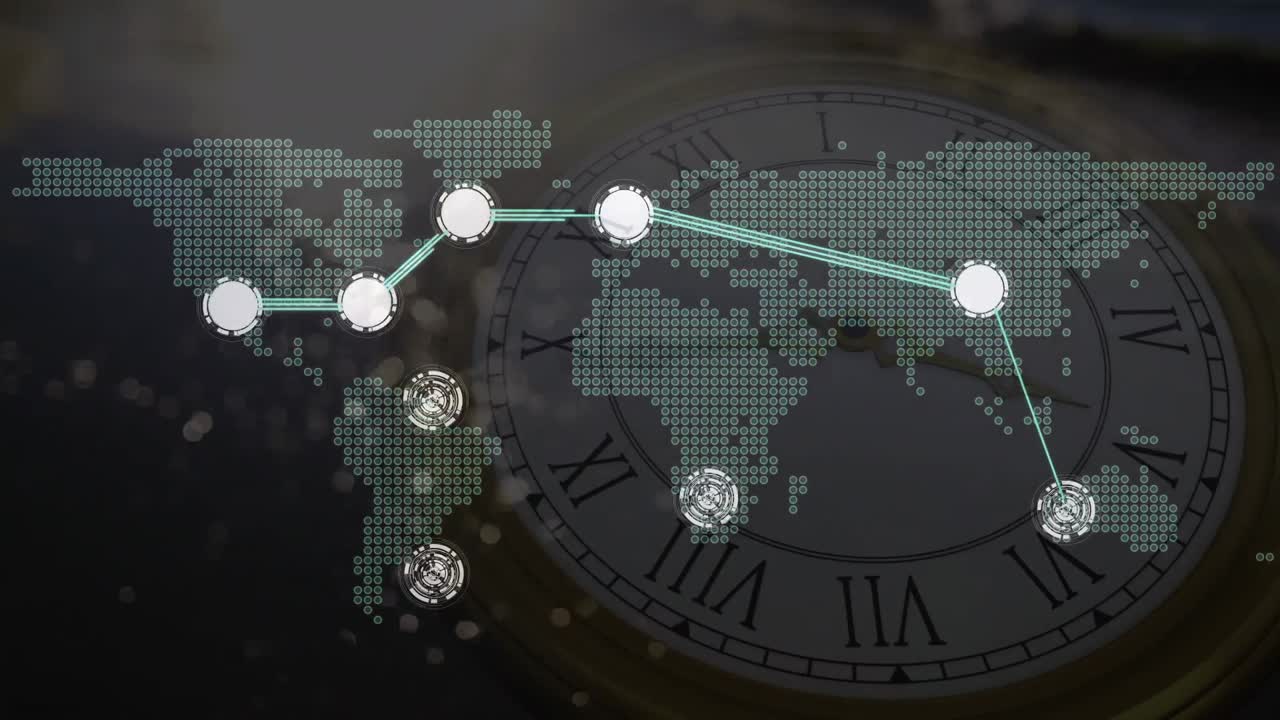 animación del mapa del mundo y la red de conexiones durante el reloj, sobre un fondo oscuro