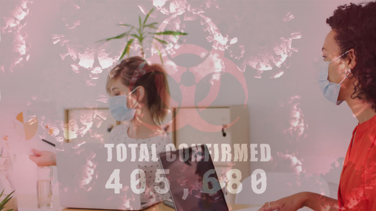 анимация слов общее количество подтвержденных и цифр с женщинами социальное дистанцирование в офисе