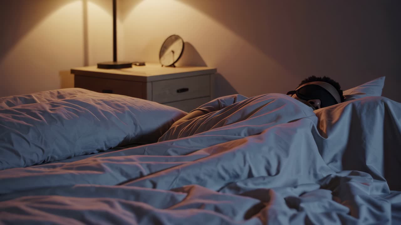 밤에 침대에서 자고 있는 남자