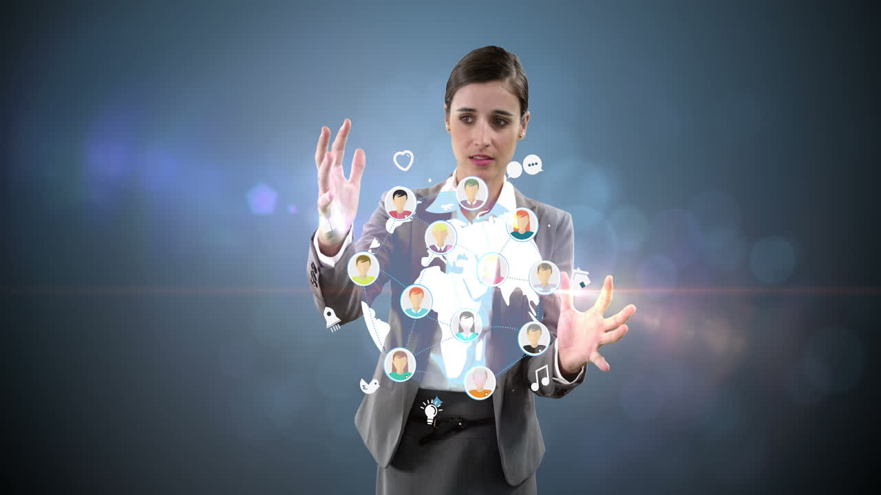 mujer de negocios con iconos generados digitalmente