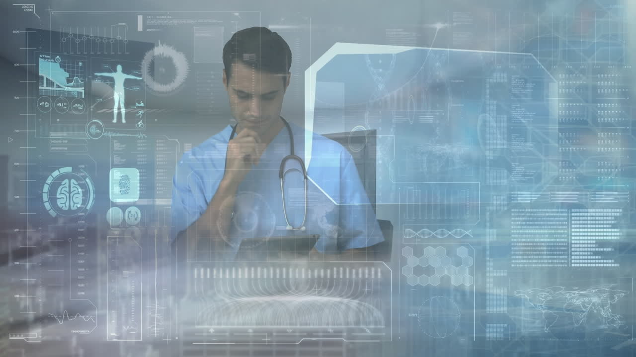 Animation of medical data processing and scope scanning on screen over ...