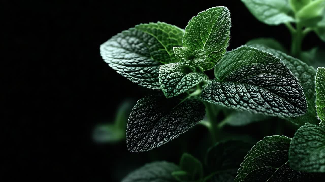 Primo piano di foglie di menta fresca su sfondo scuro, che mostra il colore verde brillante e la complessa consistenza delle foglie in un ambiente naturale sereno