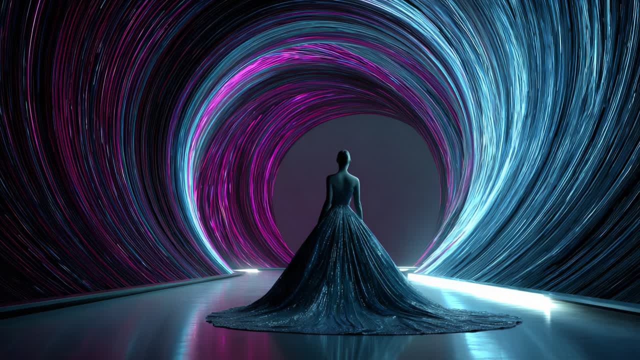 A stunning visual journey unveils a graceful figure adorned in a shimmering gown, standing poised at the end of a mesmerizing tunnel of swirling light and color, captivating all who gaze upon her