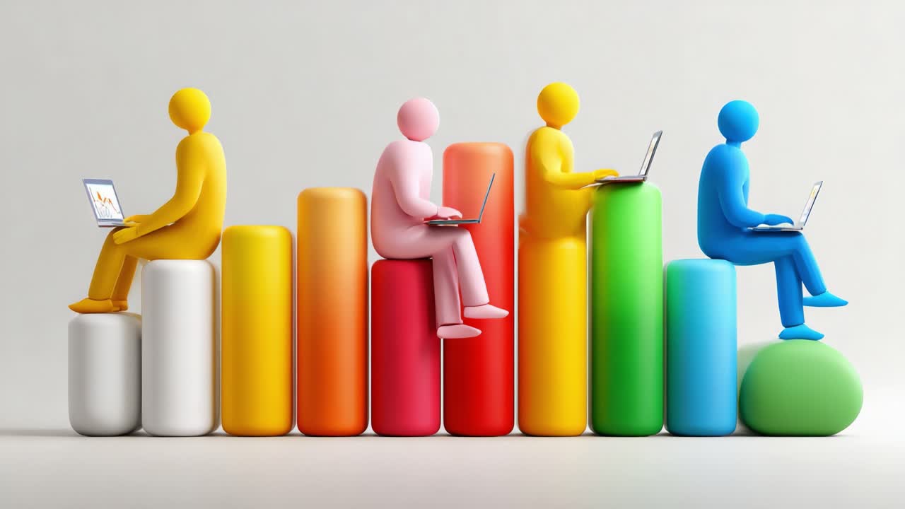 Colorful Representation of Team Collaboration: 3D Figures Working on Laptops Over Bar Graph with Vibrant Colors Symbolizing Growth and Productivity