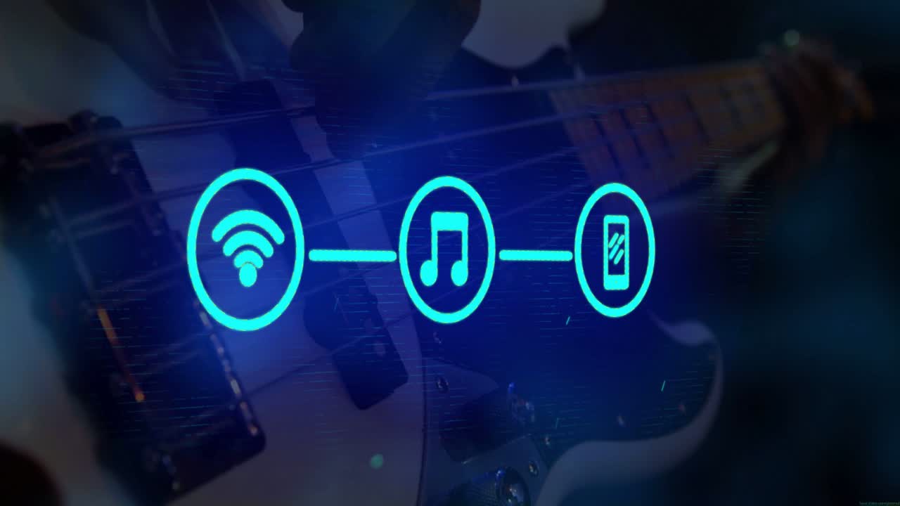 Icona ciano che appare, pizzicando la chitarra che fa pulsare e trasformare le icone in uno studio, segnalando uno streaming.