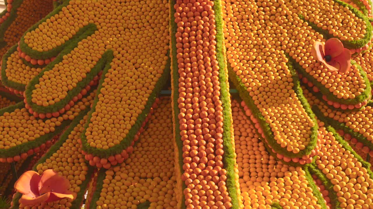 Scultura vivace di agrumi fatta con limoni e arance.