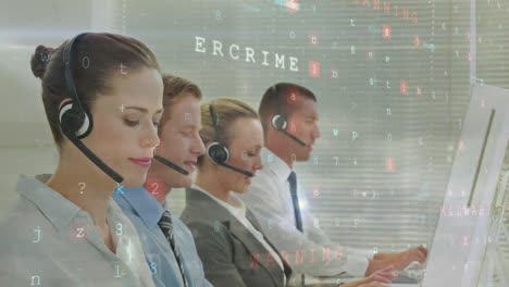 animation of cyber attack warning over businesspeople wearing phone headset