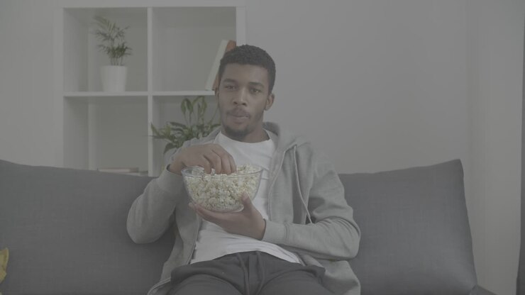 Young african american male looking directly at the camera and showing us a popcorn