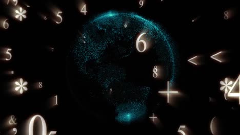 números matemáticos y símbolos que caen contra el globo giratorio