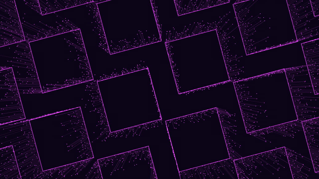 Abstract futuristic background with neon purple square frames, glowing particles and streaks on dark space, ideal for technology, digital network, and sci fi visuals