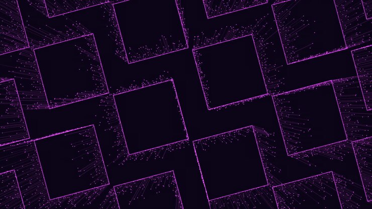 Abstract futuristic background with neon purple square frames, glowing particles and streaks on dark space, ideal for technology, digital network, and sci fi visuals