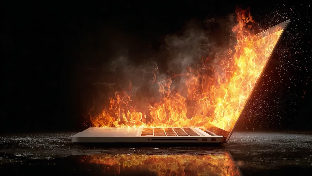 A Laptop Engulfed in Flames and Smoke, Representing the Dangers of Overheating and Electrical Failures in Modern Technology Infrastructures