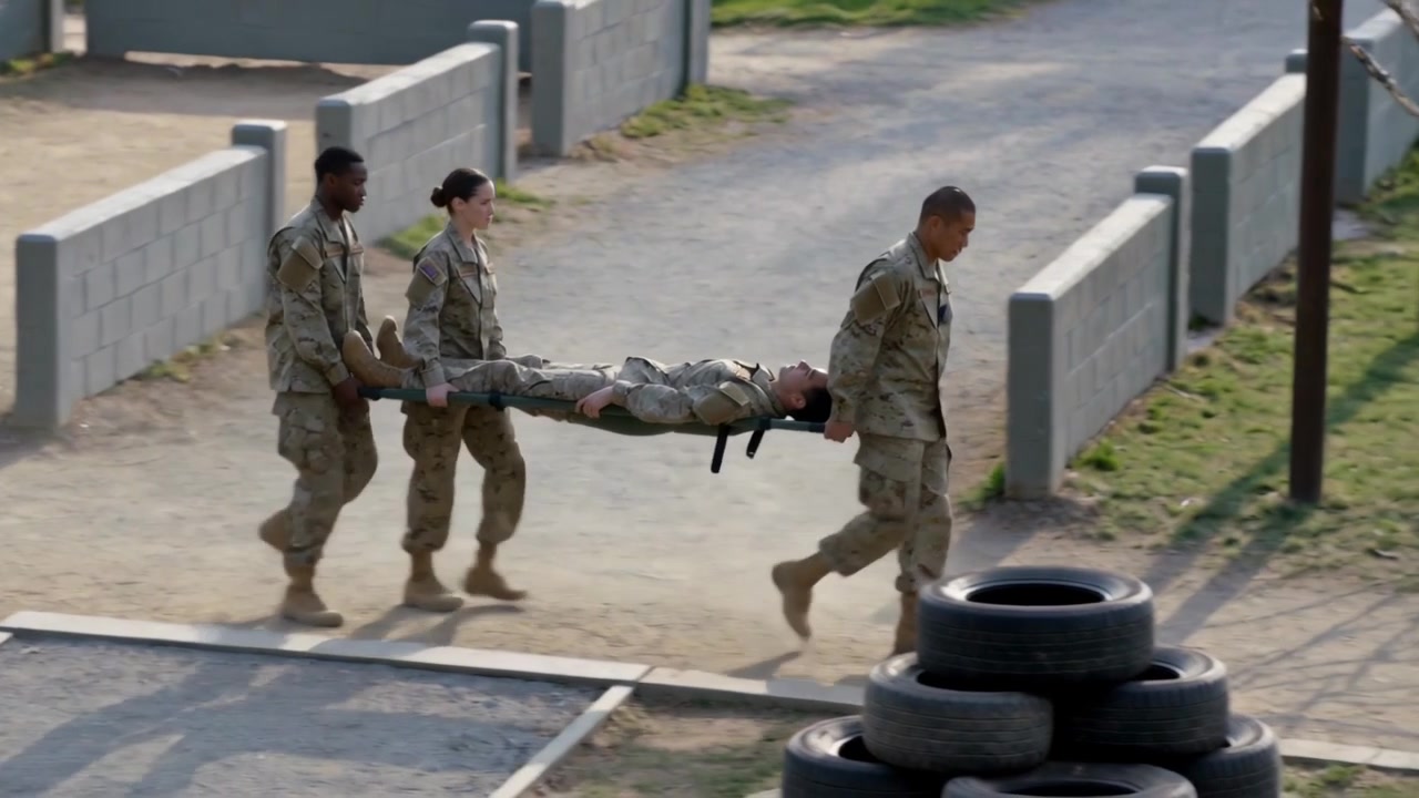 Carrying 3 soldiers in combat kit holding stretcher, drill starting on training lane, passing net