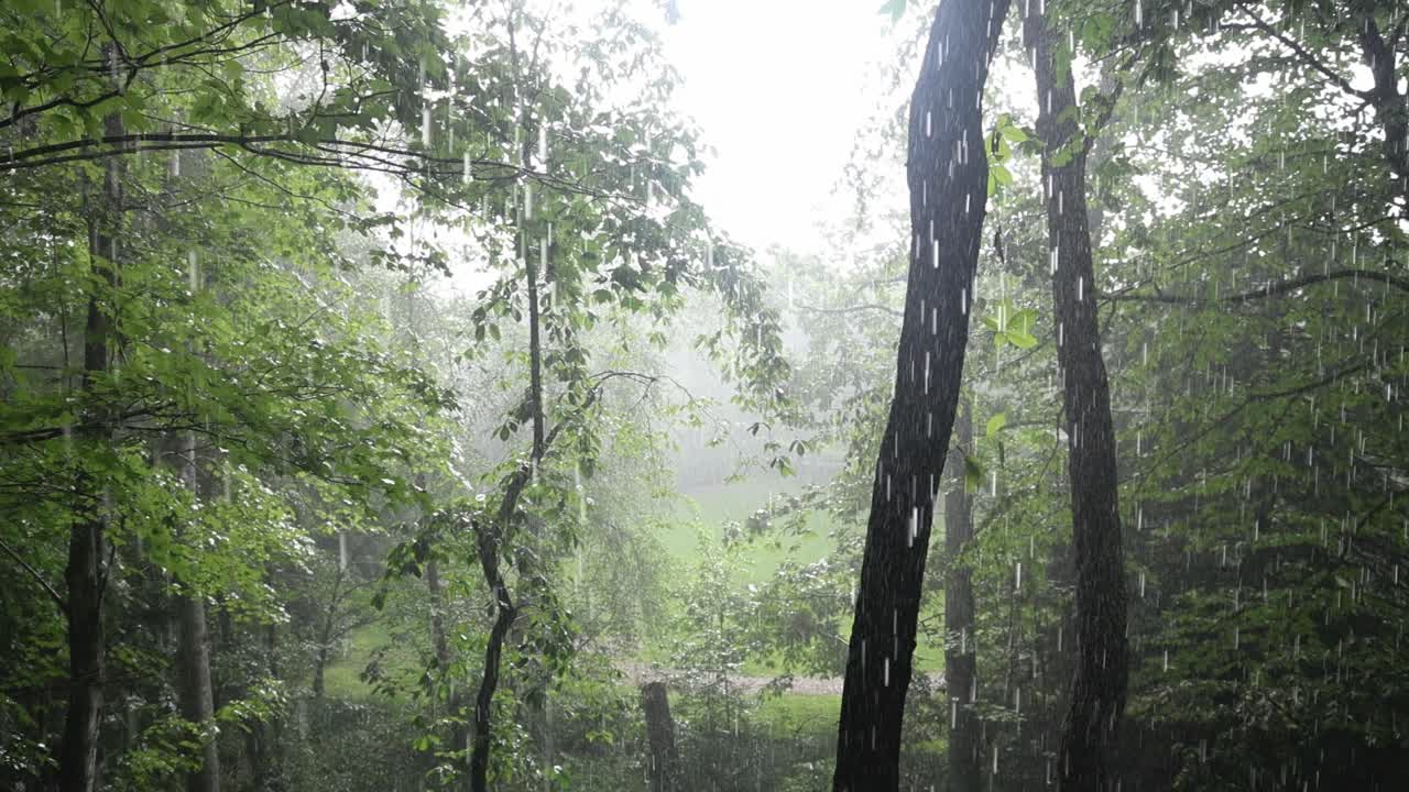 雨が降る森の木々をスローモーションで撮影