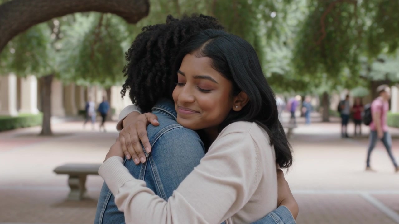 Reuniting college students hugging under tree at campus courtyard, showing denim jacket and sweater