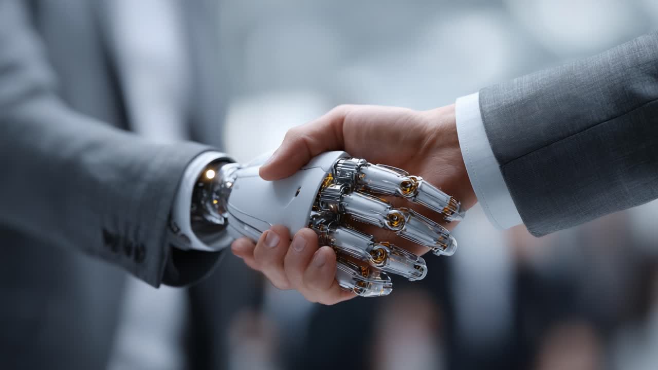A Human and a Robotic Hand Engage in a Mutual Gesture of Cooperation, Symbolizing the Fusion of Technology and Humanity in Modern Society