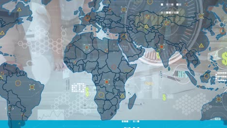 Animation-Von-Weltkarte,-Symbolen-Und-Bitcoins-über-Den-Händen-Verschiedener-Geschäftsleute-Im-Büro