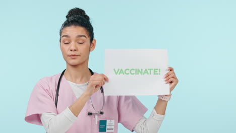 nurse, face and studio vaccination sign of a woman