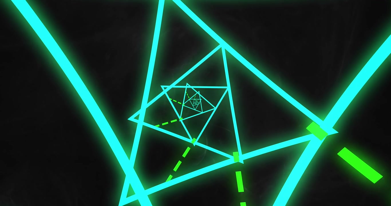 Animazione a tunnel di triangoli geometrici verde neon e ciano