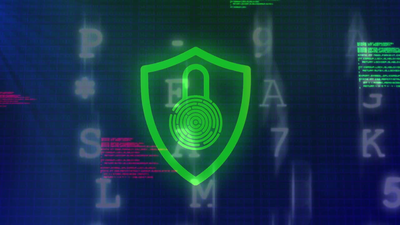 animazione di impronte digitali biometriche con scudo e elaborazione digitale dei dati su sfondo scuro