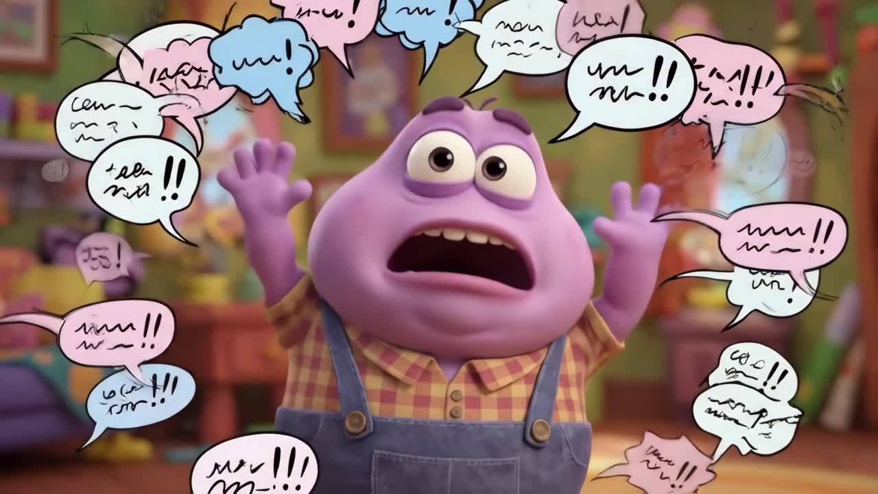 Animated Character Overwhelmed by Speech Bubbles and Noise