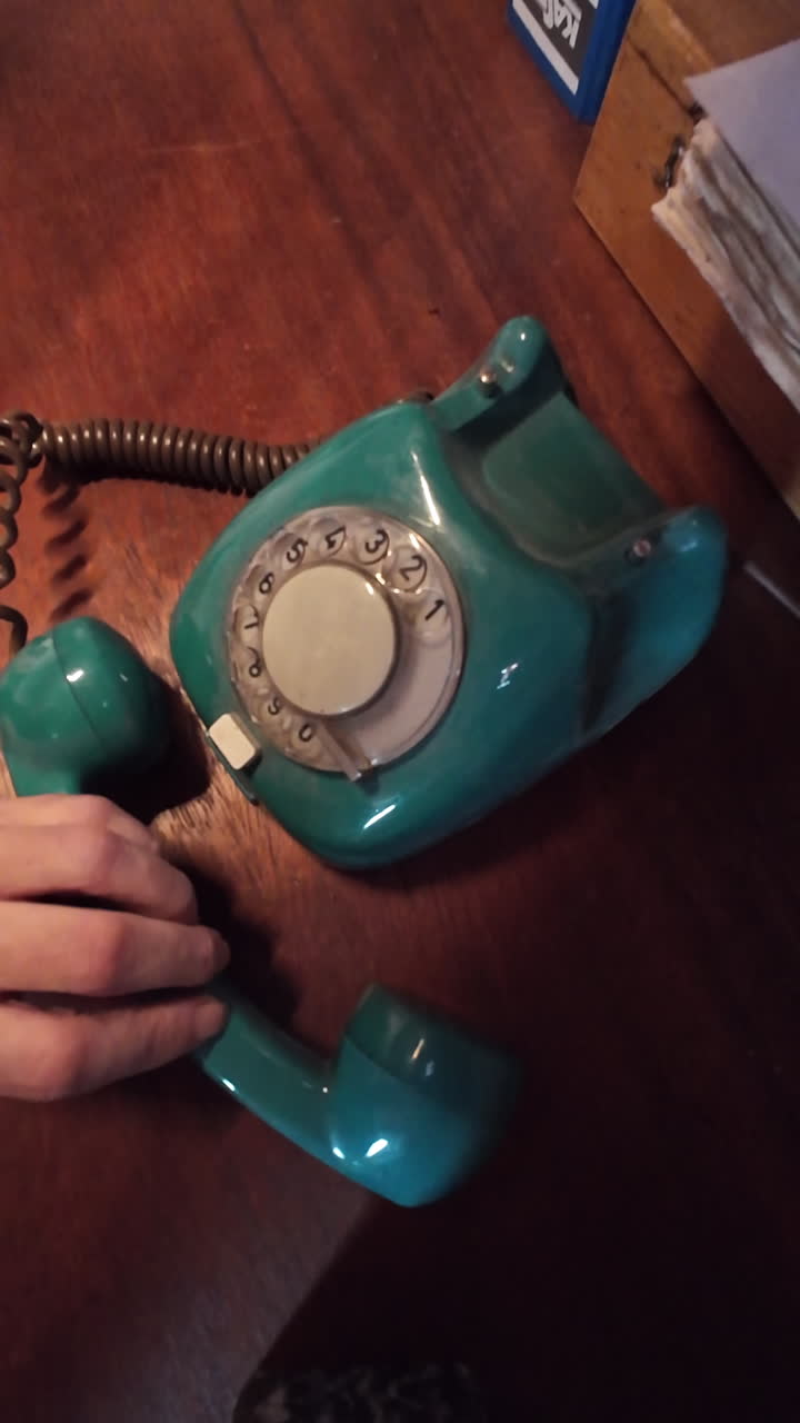Top-down vertical view of a person lowering a vintage phone handset onto a workspace. Ideal for communication themes, historical settings, or investigative narratives