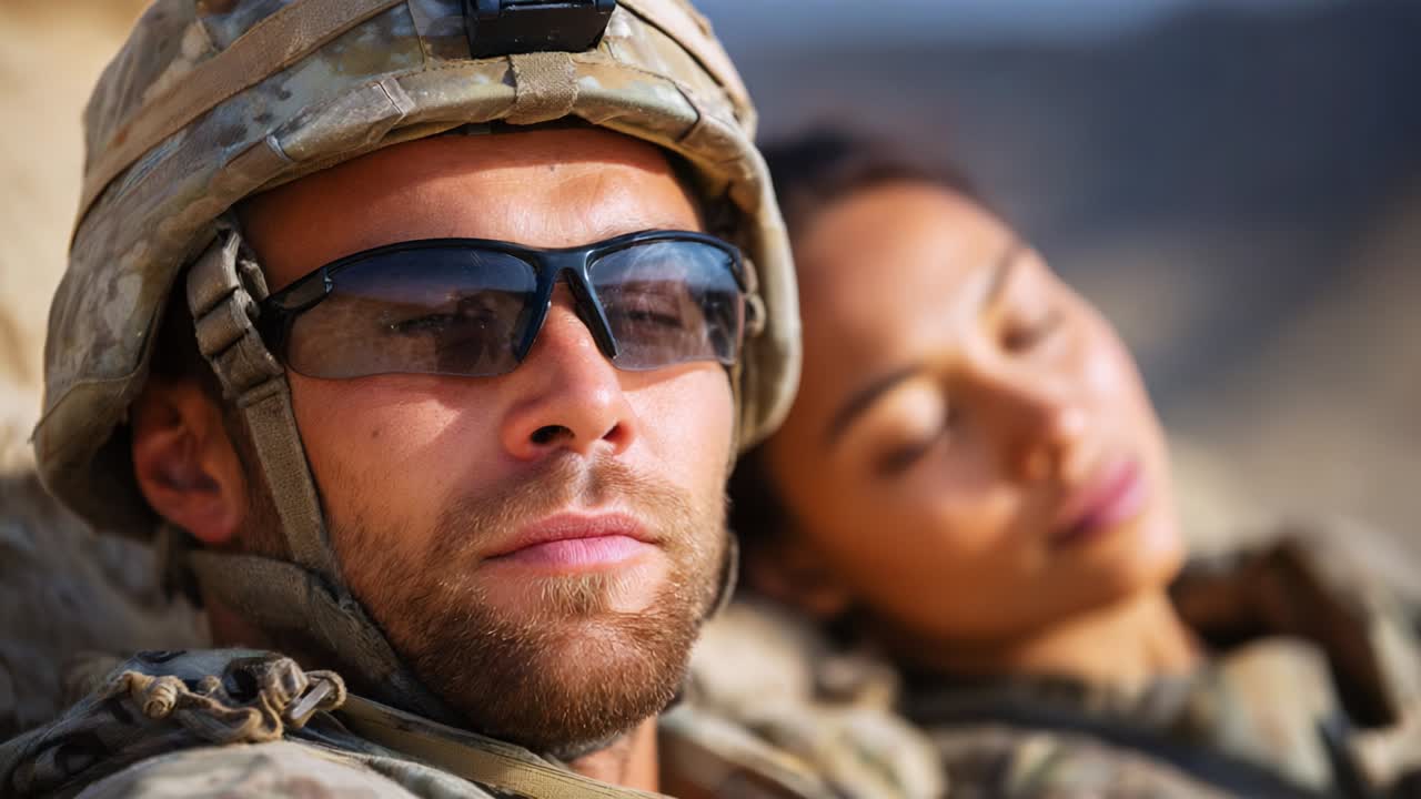 In a moment of peace amidst the chaos, a soldier takes a well-deserved break, capturing the essence of camaraderie and connection with a companion, showcasing their resilience and bravery in challenging times