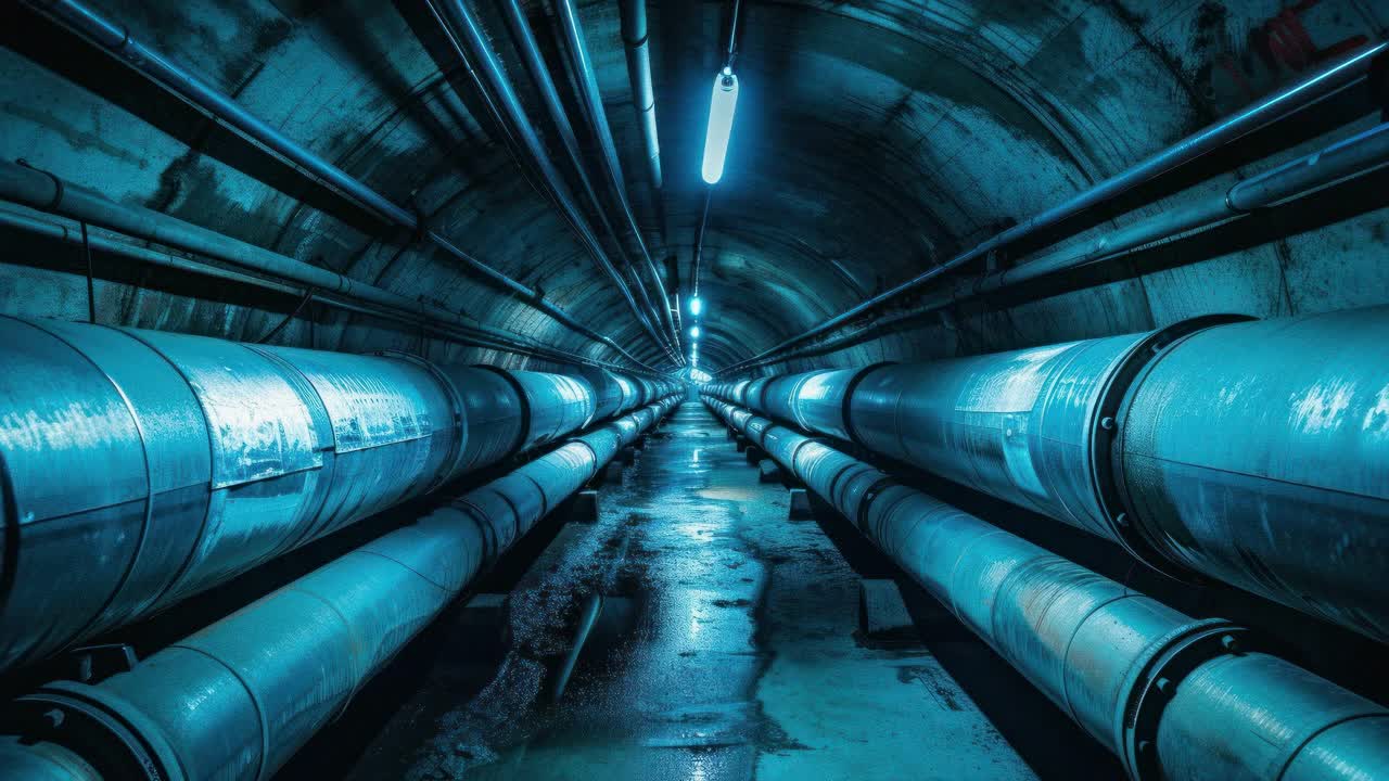 A low-angle video shot of an industrial tunnel with metallic pipes, creating a futuristic