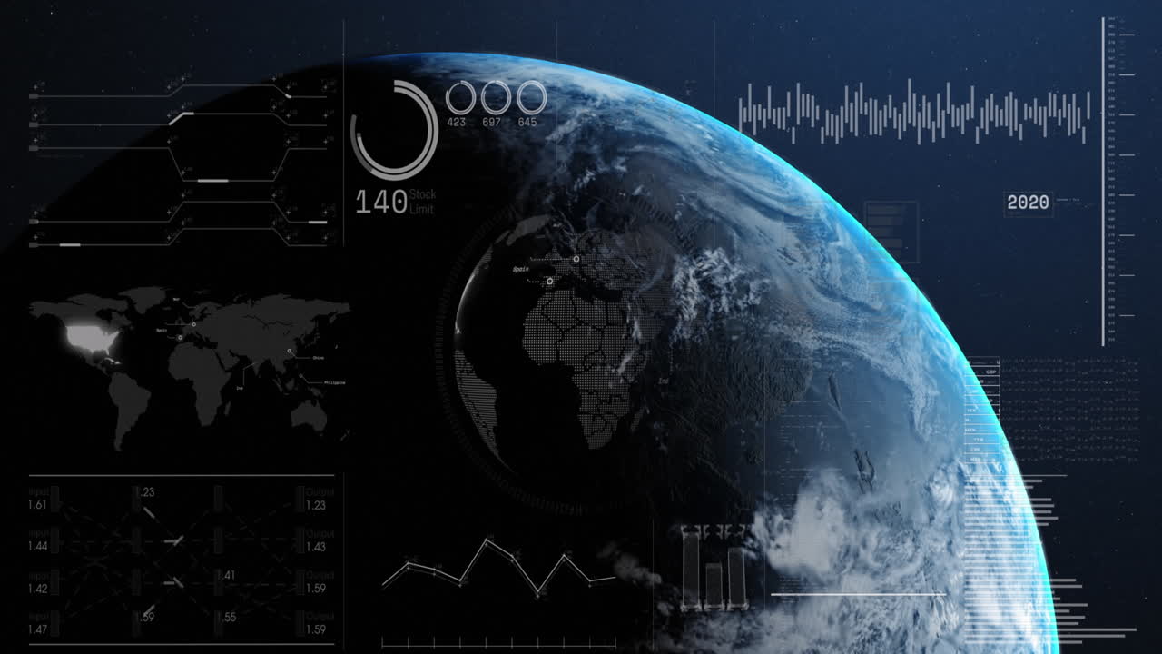 Animation of financial data processing over globe