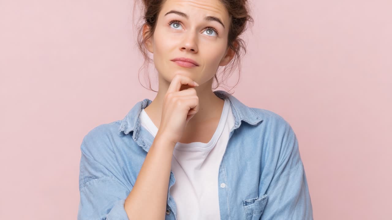 Een jonge vrouw die nieuwsgierig nadenkt tegen een zachtroze achtergrond, een moment van reflectie en bedachtzaamheid vastleggend in een casual kledingstijl.