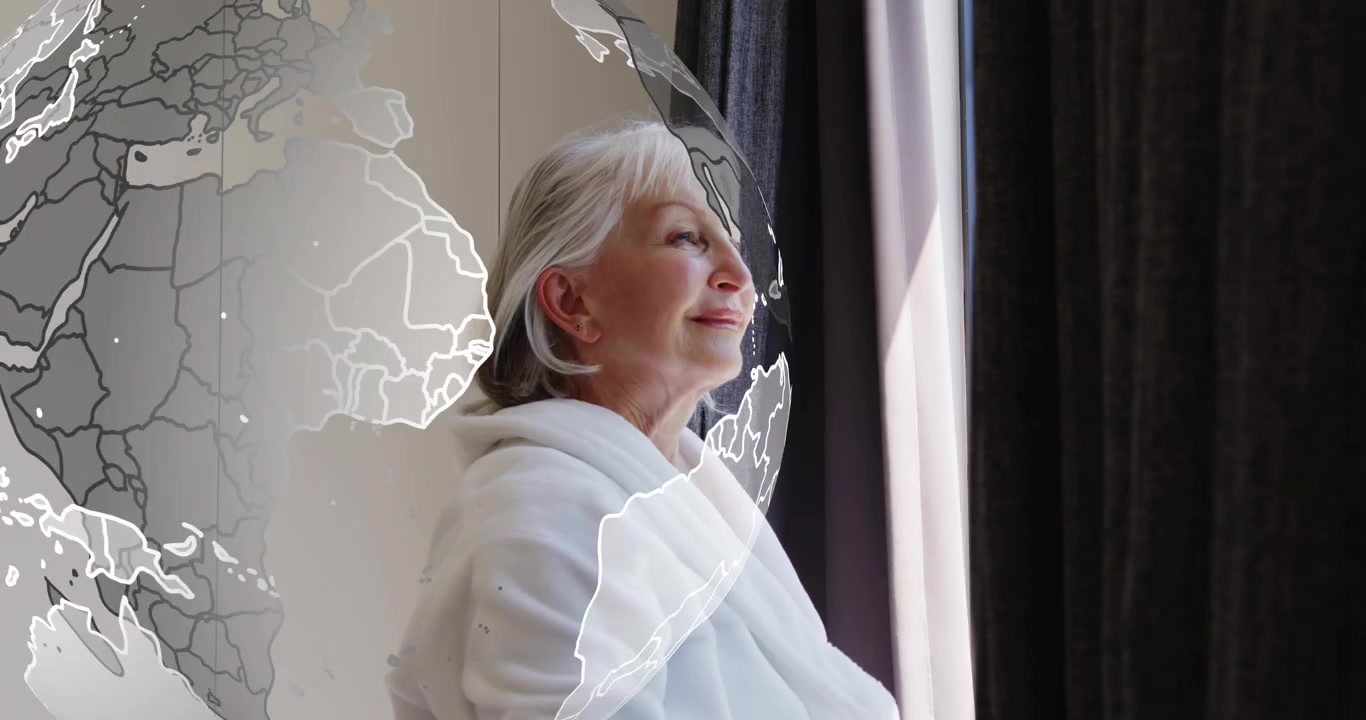 Technology translucent globe rotating causing senior woman pulling curtains revealing daylight