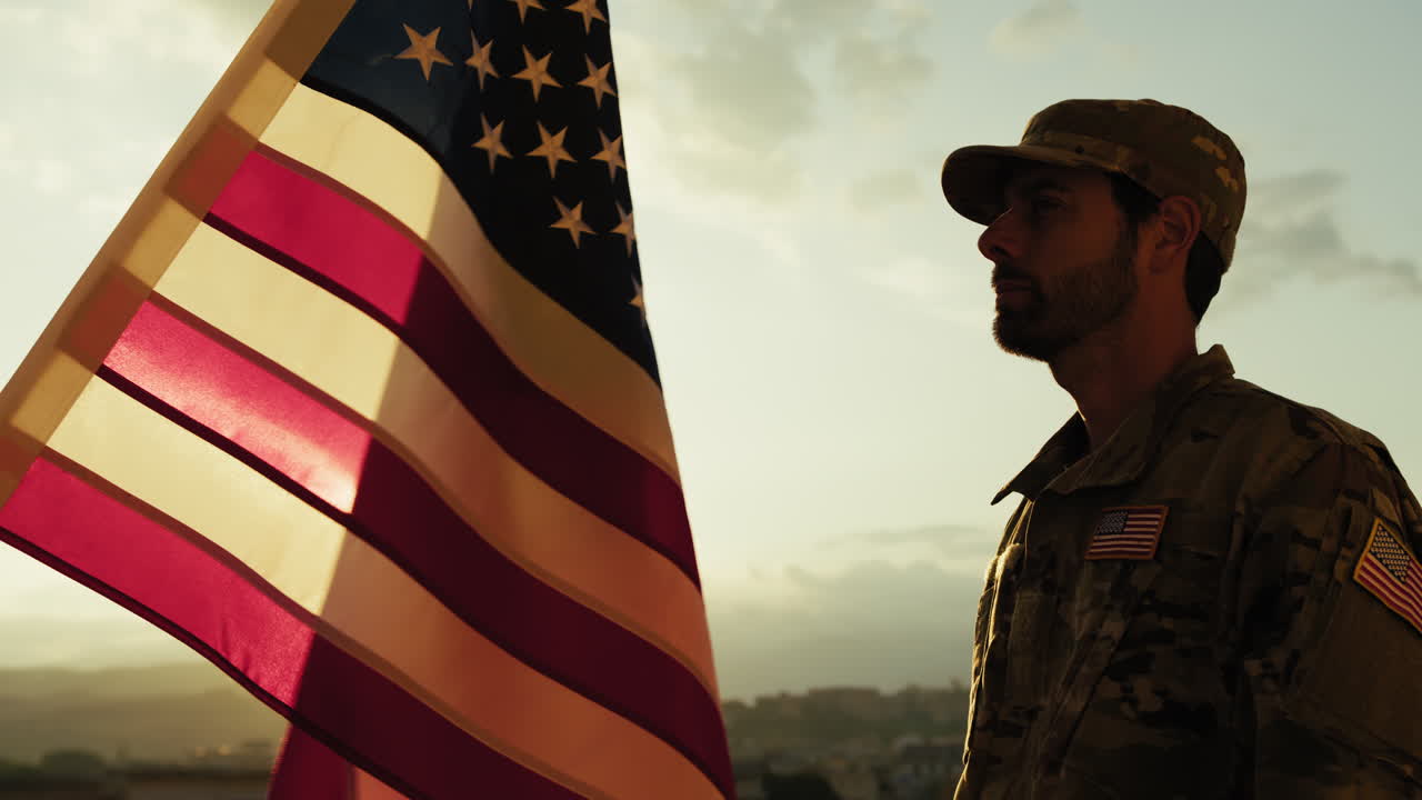 Military Silhouette In Front Of American USA Flag On Memorial Day