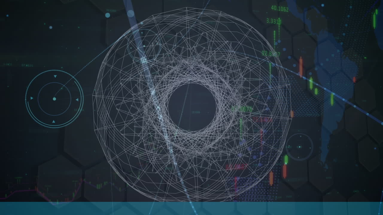 Animation of connections, graphs and circles in black digital space