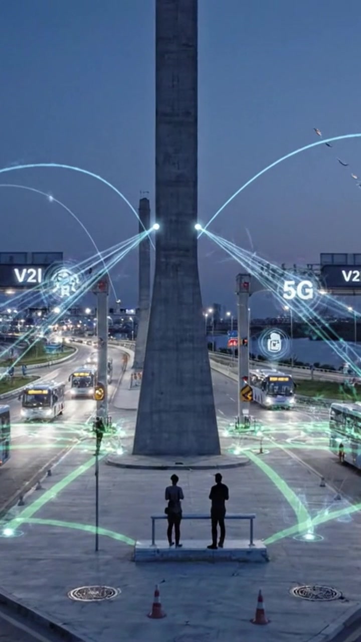 Un moderno incrocio urbano che presenta tecnologia di comunicazione avanzata con veicoli, pedoni e segnaletica digitale dinamica al crepuscolo.
