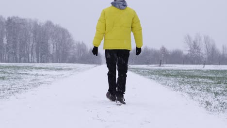 rear shot of man in yellow winter jacket walking on snowy path during a cloudy cold winter day