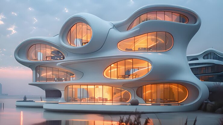 Arquitectura orgánica futurista sobre el agua al anochecer