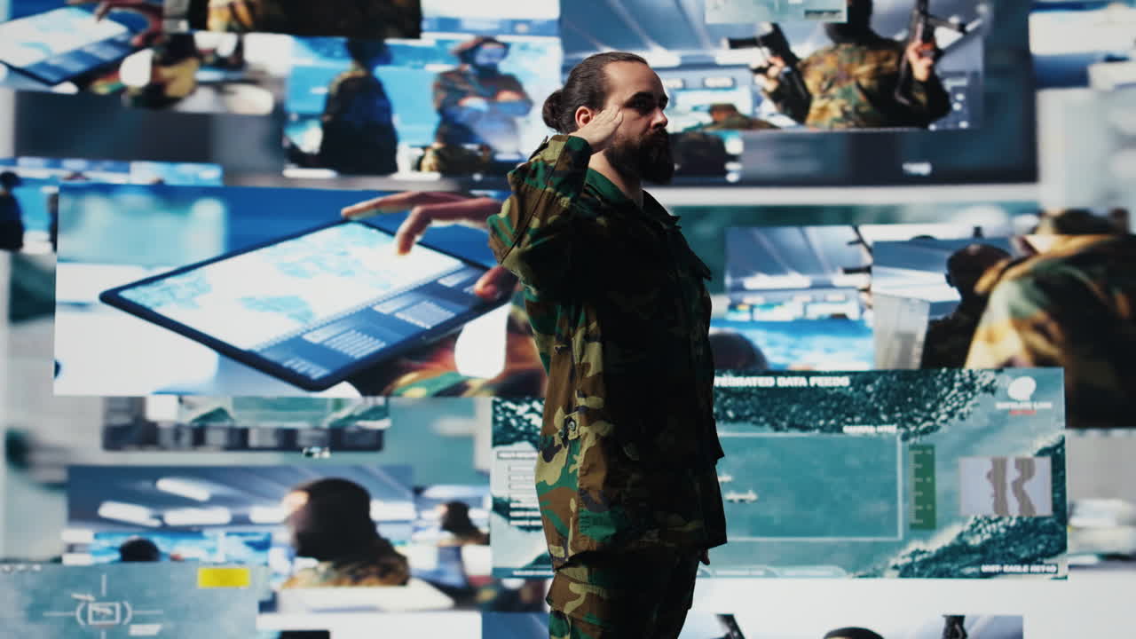 Army officer executes the respectful military salute in command center