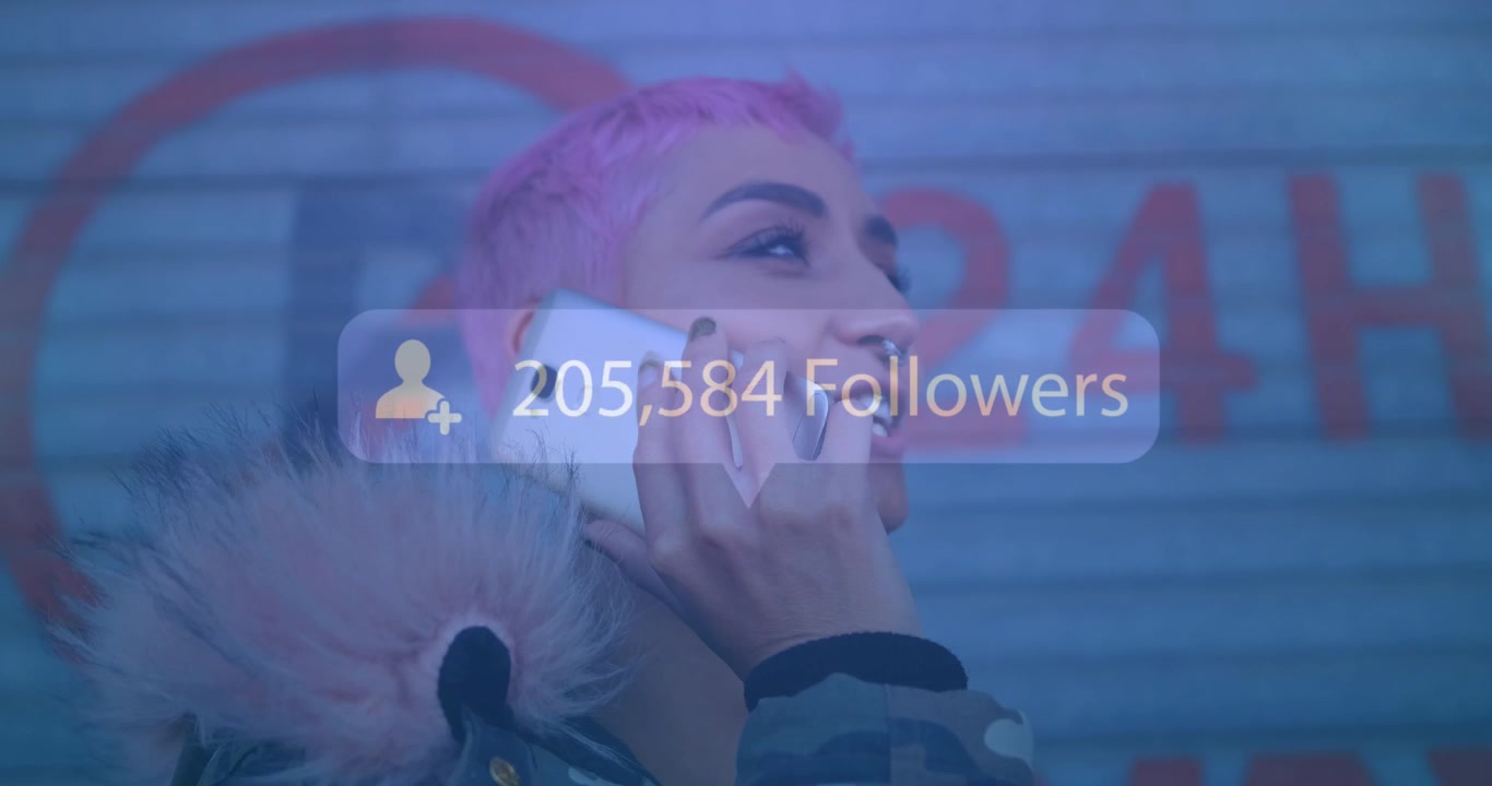 Young Woman with Pink Hair Talking on Smartphone with Social Media Follower Counter