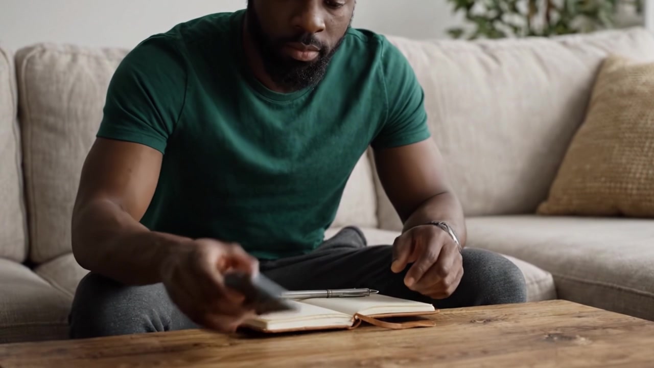 Una persona concentrata si dedica alla scrittura e all'interazione con lo smartphone in un accogliente salotto, bilanciando l'espressione creativa con la tecnologia moderna.