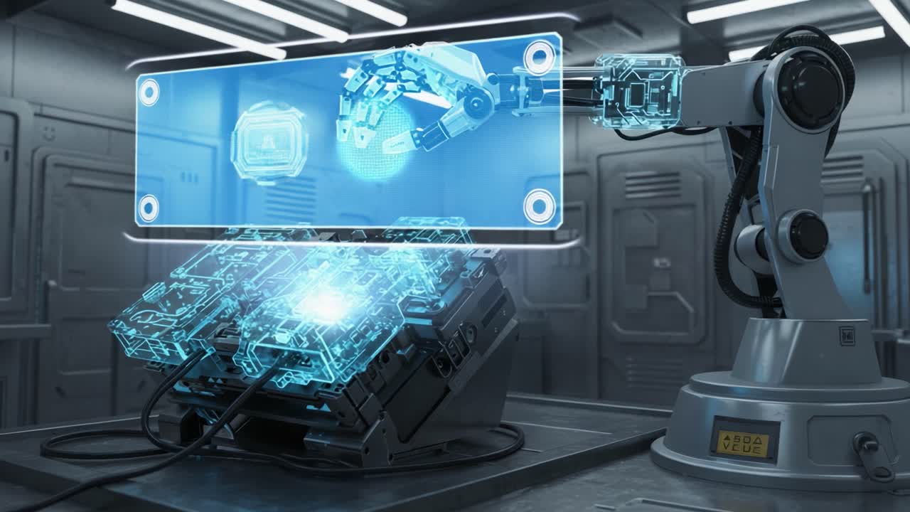 Advanced Robotic Arm Manipulating Transparent, High-Tech Modules in a Futuristic Industrial Environment with Enhanced Visual Feedback Mechanisms